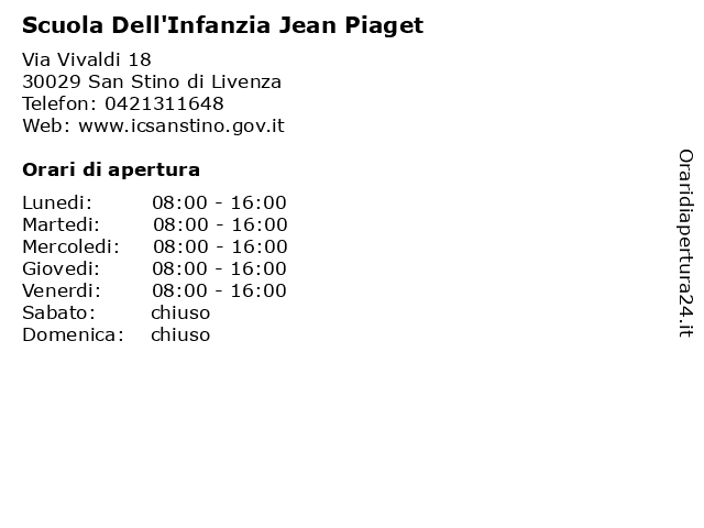 Orari di apertura Scuola Dell Infanzia Jean Piaget Via Vivaldi